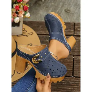 Summer Hollow Out Clogs Breathable Open Toe Half Slipper Women's Chunky Heel Thick Sole Platform Fashion, Footwear, Breathable Lightweight Clogs