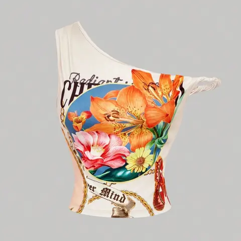 Women's Fitted One-Shoulder Floral Print Top, Stylish Sleeveless Cami Tank, Casual Chic Top for Daily Beach Wear, Boho Casual Summer, Sleeveless Bohemian
