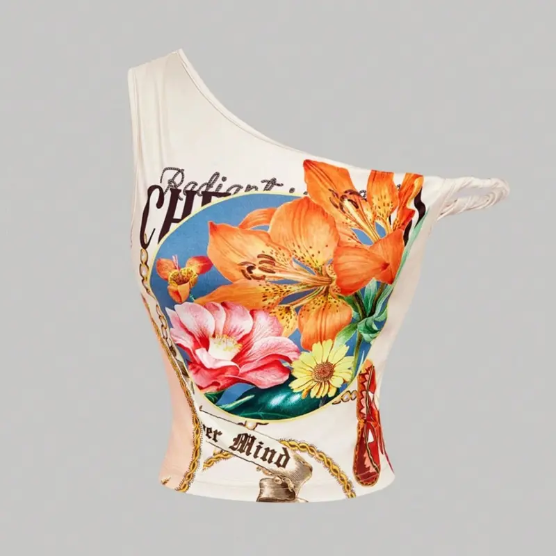 Women's Fitted One-Shoulder Floral Print Top, Stylish Sleeveless Cami Tank, Casual Chic Top for Daily Beach Wear, Boho Casual Summer, Sleeveless Bohemian