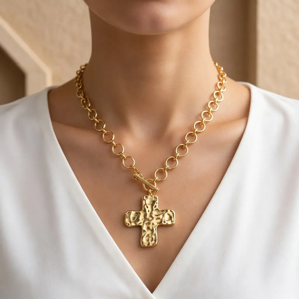 Women's Chunky Gold Layered Cross Necklace - Casual Geometric Long Statement Pendant, Hammered Metal Coating, Vintage Toggle Clasp, Love-Themed Fashion Costume Jewelry