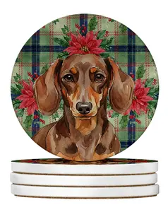 Carolines Treasures WDK8592RCS4 4 x 4 in. Chocolate & Tan Dachshund Christmas Poinsettias Large Sandstone Coasters, Pack of 4