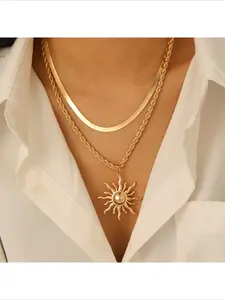 Trendy Popular Sunflower Flame Pendant Alloy Necklace Luxury Minimalist Creative Dainty Necklace For Women Stackable Sun Clavicle Chain Fashion Jewelry, it's a hot selling new trending stylish aesthetic jewelry for daily wear and party