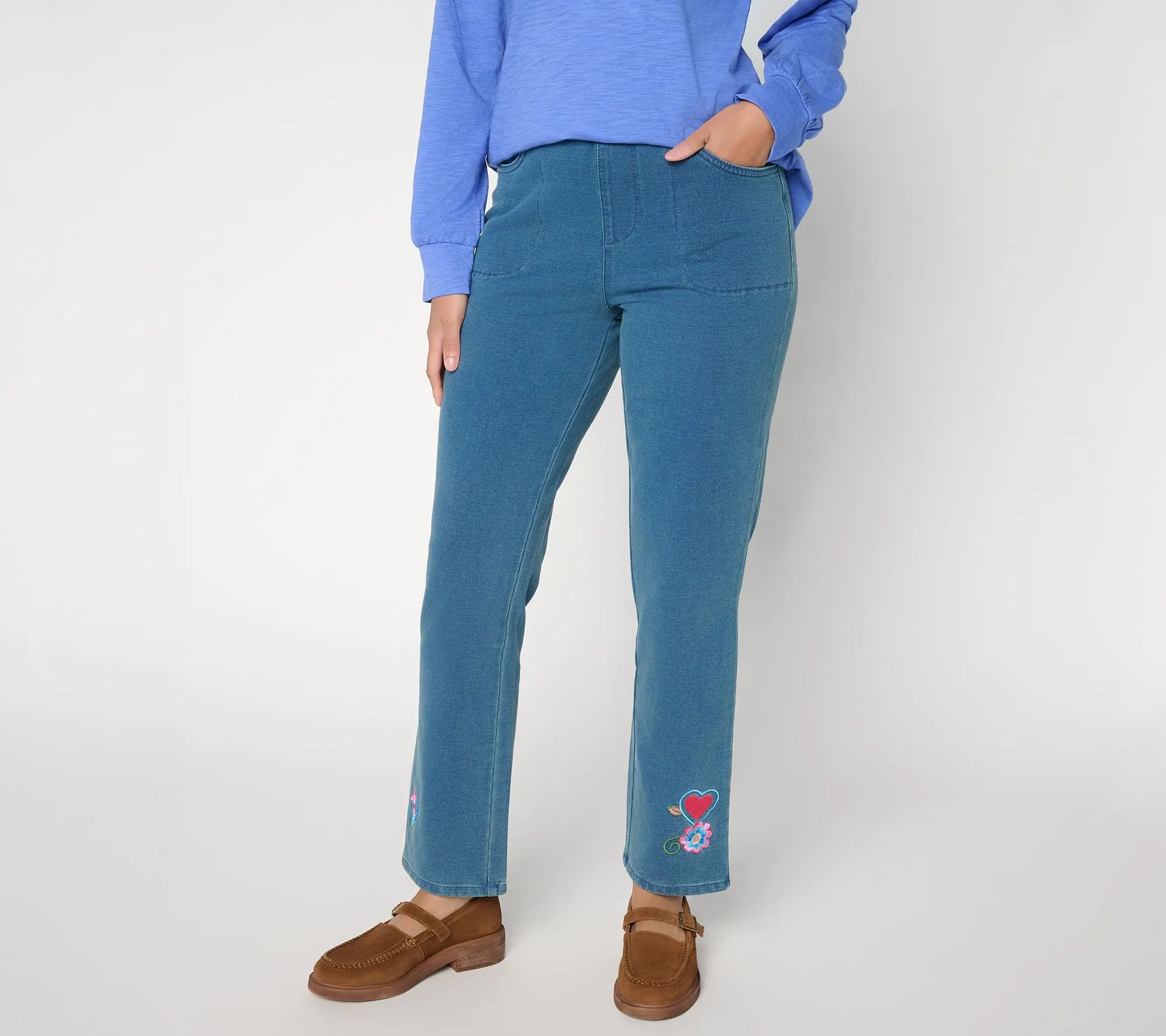 Quacker Factory Be Mine Short Embrodiered Slim Straight Pant
