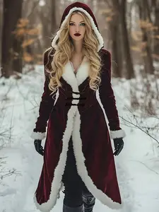 Women's Fall Winter New Loose Vintage Velvet Wool Patchwork Hooded Coat, Long Sleeve, Slim-Fitting Casual Style, Medium-Length Jacket with Pockets Womenswear