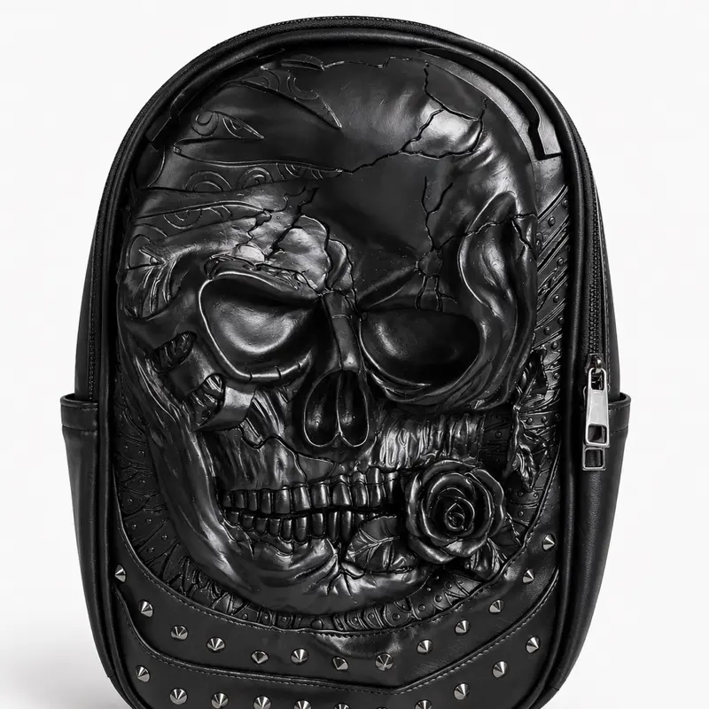 Unisex Leather 3D Gothic Skull Detailing Casual Carry-On Backpack Bags, Premium Gothic Designer Graphic Utility Bag, Travel Backpack, 3D Detailing, Unique 3289 ID, SKU:3289