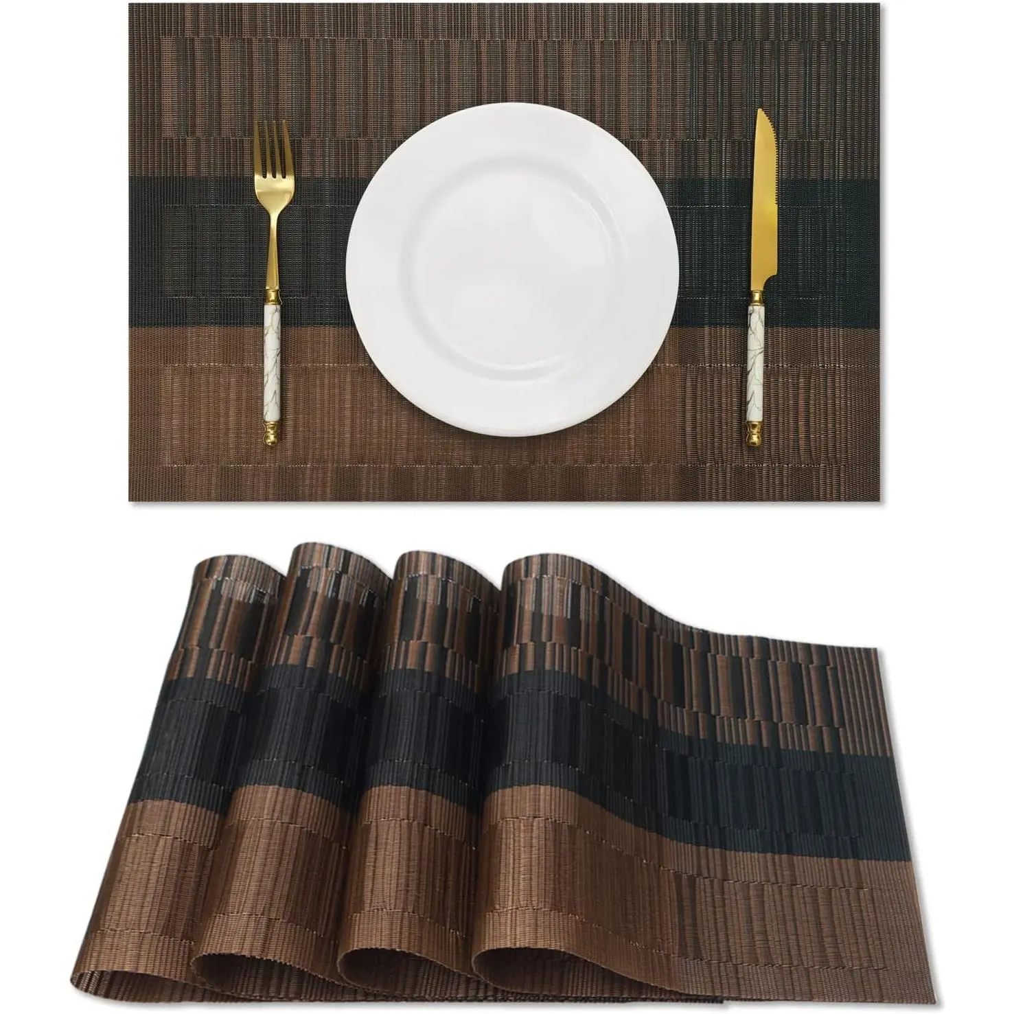 Brown Black Reusable Vinyl Woven Placemats & Coasters Set (4-Piece), Washable Wipeable Decorative Protective Tableware for Indoor Kitchen Dining Tables, Birthday Decoration