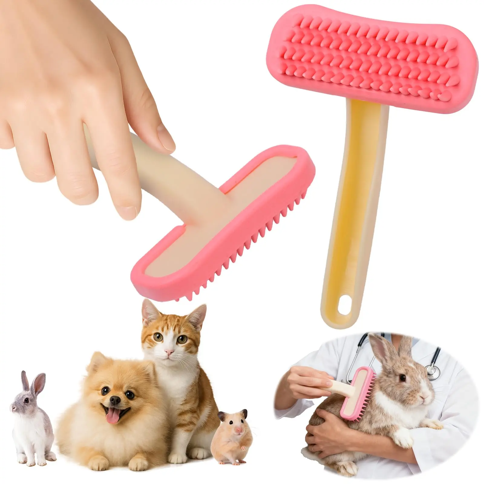 Detachable Rabbit Massage Deshedding Tool, 90% Effective Floating Hair Removal Comb with 2 Ultra-Soft Gentle Brushes for Chinchilla Grooming Supplies