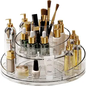 Taiuloo 360 Rotating Makeup Organizer, Lazy Susan Turntable Cosmetics Storage Tray, 2 Layers Round Spinning Holder Organizer Case for Vanity, Brushes, Lipsticks, Perfumes, Skincare, Clear