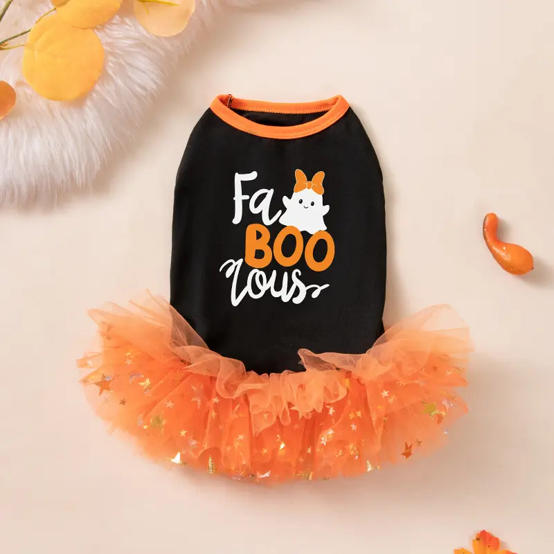 Punk Rock Pet Tutu Dress for Halloween, Sleeveless Dog Costume with Tulle Skirt & Graphic Print, Edgy Party Outfit for Small Dogs & Cats