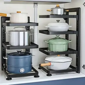 Height Adjustable Pot Rack, 1 Count Stainless Steel Under Sink Kitchen Pot Storage Rack, Adjustable Garage Shelf, Multi-tier Household Cabinet Rack, Restaurant Kitchen Supplies, Shelves, Durable Steel Stand, Adjustable Metal Racks