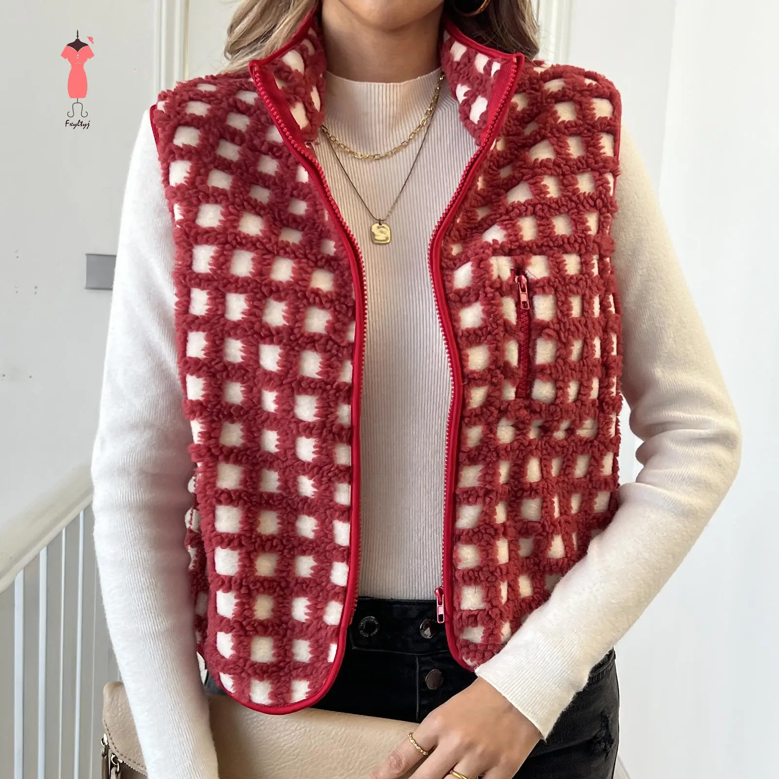 Women's Casual Checkered Fuzzy Faux Fur Vest, Sleeveless Stand Collar Zip Up Warm Winter Everyday Tops, Basic, Multi-Color, Plaid, Outdoors, Vest Jacket
