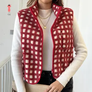 Women’s Fuzzy Checkered Vest Sleeveless Stand Collar Zip Up Vest Jacket Winter Warm Outwear