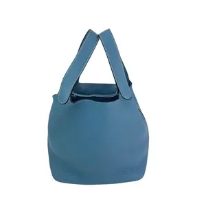 Pre-owned Hermes Leather Tote Bags Taurillon Clemence Picotin 22 MM Blue Hand Bag