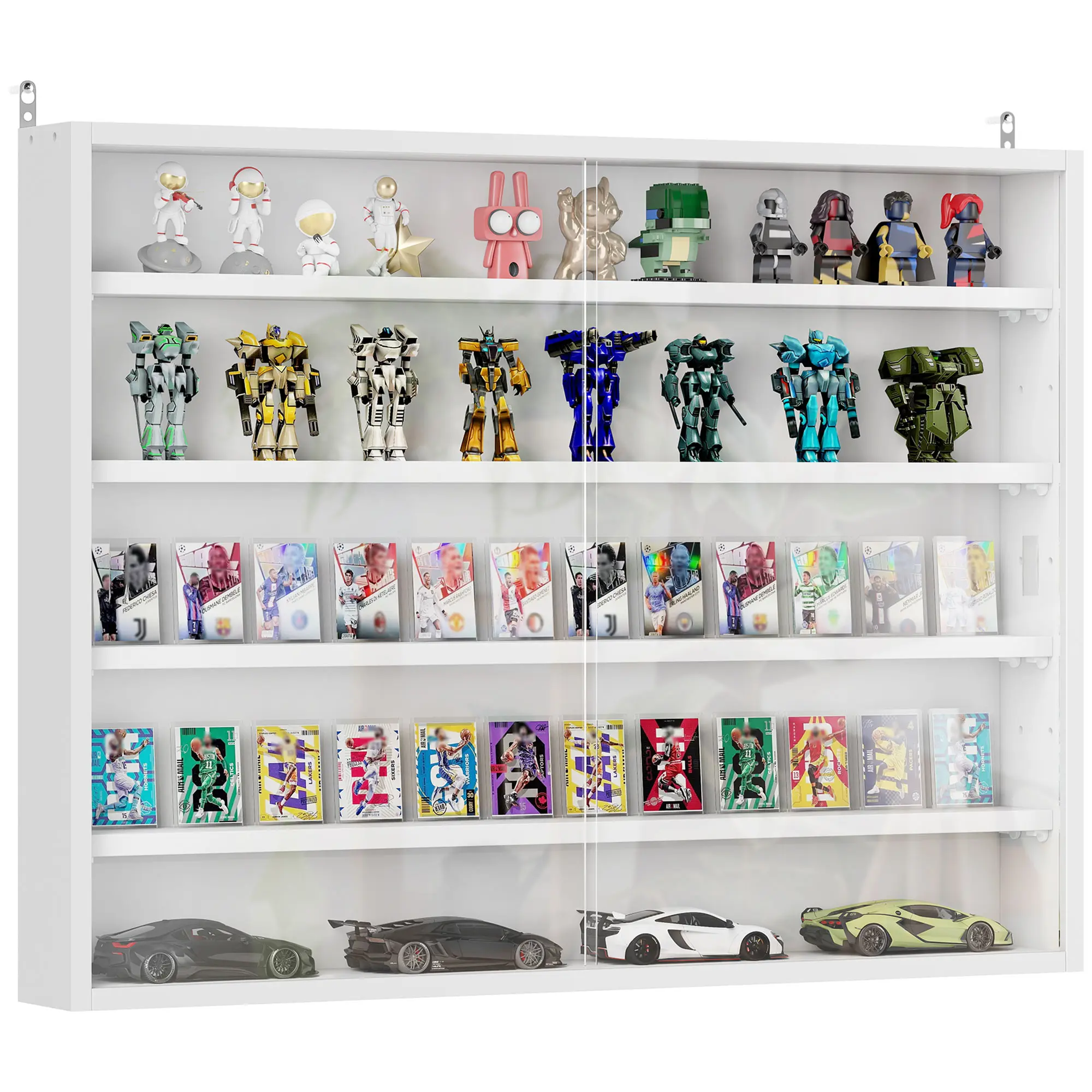 5-Tier Wall-Mounted Display Cabinet – 2 Glass Doors & 4 Adjustable Shelves with 7 Height Options. Transparent Glass for Clear View. Perfect for Collectibles, Perfume, Figurines & Medals. White