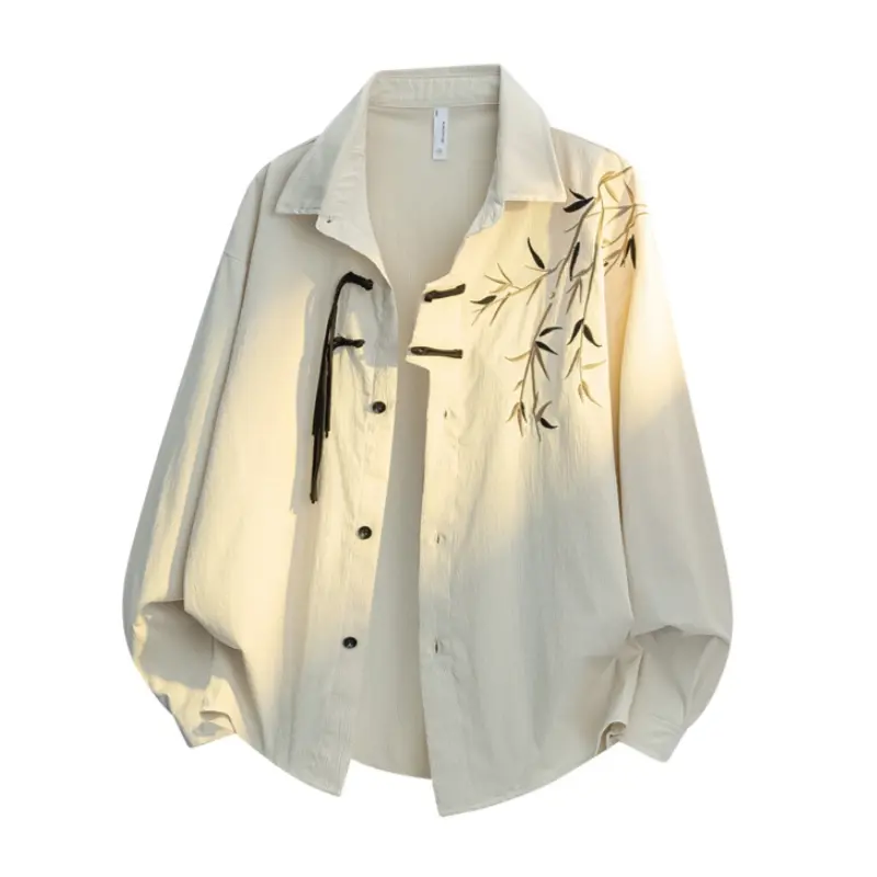 Men's Chinese Style Long Sleeve Shirt With Bamboo Embroidery Frog Buttons, Traditional Lacing Contrast Buttons Cotton Blend Fabric, Zen Retro Casual Button Up Top For Daily Travel Outfits # SummerWins