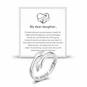 Hug Ring for My Daughter – Symbol of Love and Protection, Adjustable Open Ring with Engraved Hug Design, Inspirational Jewelry Gift for Daughter Hypoallergenic Ring Promise Rings Heart Initial Rings