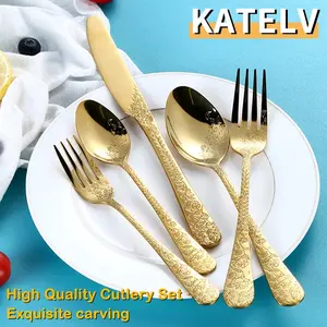 Luxury Stainless Steel Cutlery Set - 5 Piece Gold Flatware Silverware Set