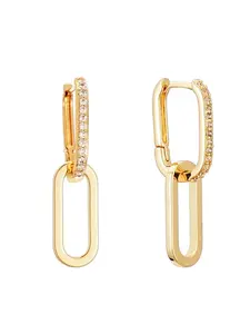 Geometric Elegance! Plated 14k Gold Artificial Zircon Interlocking Hoop Studs, Minimalist High-End Style, Party Eye-Catcher, Artificial Zircon Earrings