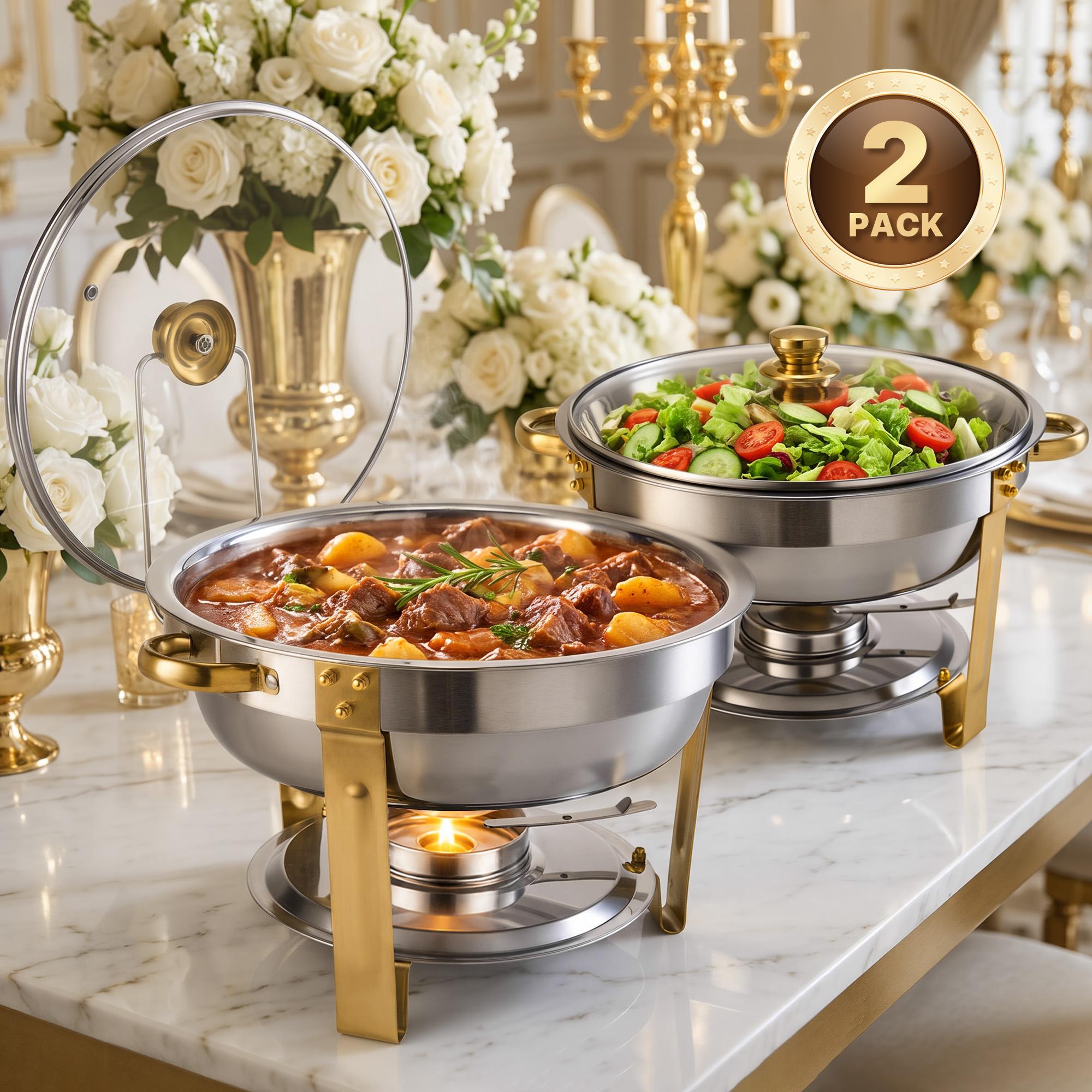 4-Pack Round Chafing Dish Buffet Bakeware Set - Stainless Steel Body with Gold Accents, Glass Lid, Lid Holder; Keeps Food Hot or Cold, Ideal for Catering Events, Family Parties
