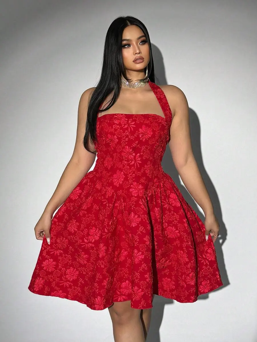 ELIEEN Plus Size Women Red Jacquard Halter Neck Midi Dress, Suitable For Valentine's Day For New Year Clothes