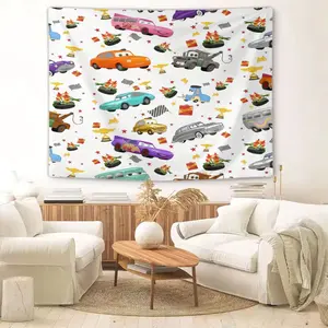 Kawaii Car Crew Tapestry,Vibrant Car-Themed Wall Hanging,Featuring Lightning McQueen & Racing Icons Tapestry,Playful Checkered Flag & Trophy Accents Tapestrys,Soft & Lightweight for Bedroom,Playroom & Fan-Themed Wall Decor