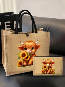 Highland Cow Khaki Linen Handbag, Cartoon Cow Pattern Handbag, Matching Makeup Bag, Cow And Sunflower Pattern, Buckle Commuting Bag, Fashionable Patterned Bag, Suitable For Birthdays, Beaches, Holidays, Perfect Gift For Friends