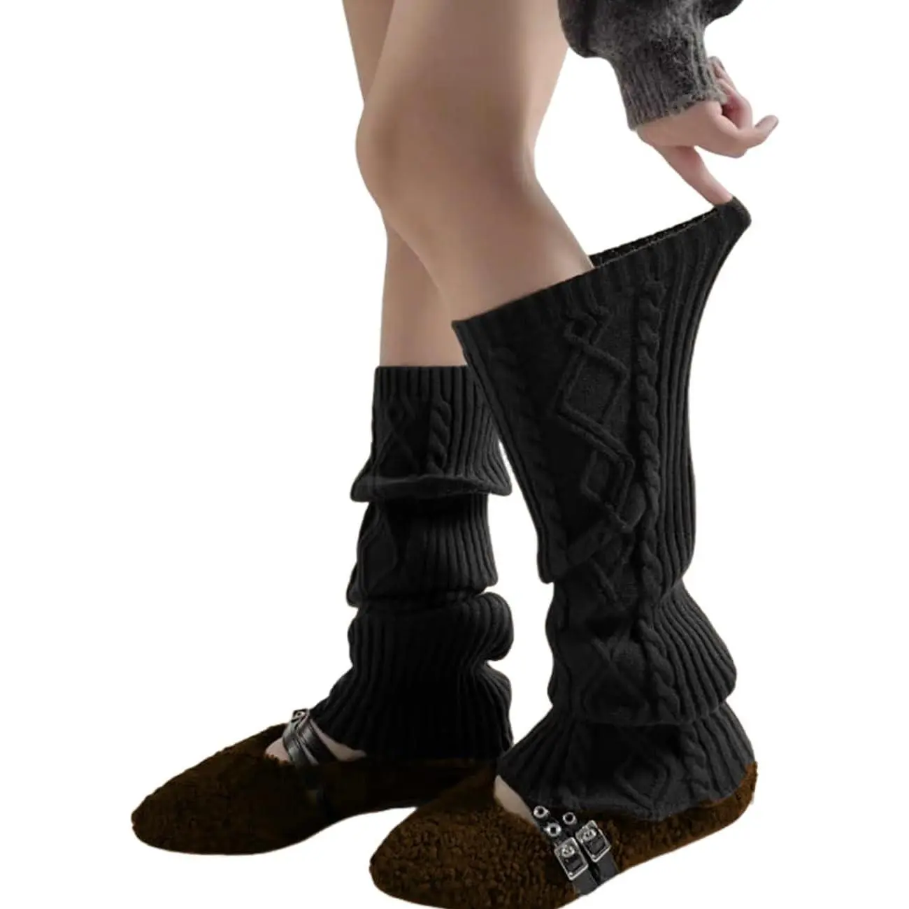 Women's Slouchy Leg Warmers, Cute Cable Knit Knee-High Boot Socks with Lace Bow for Harajuku & Lolita Style Winter Outfits, Clothes, Harajuku Lace, Soft Yarn, Casual, Knee Socks, Single Pair, Lacy, Slouchy Look