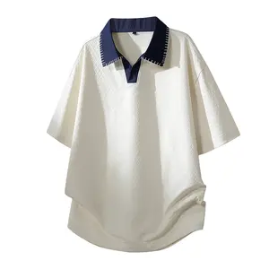 New Summer Men’s Textured Color-Block Polo Shirt, Short Sleeve, Loose Fit with Drop Shoulders, Visible Stitching Design — Casual, Versatile for Daily Wear and Commuting, Trendy Top