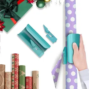 Gift Wrap Cutter with Slide Mechanism and Dual Replacement Blades for Christmas and Birthday Gifts (Blue)