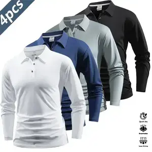 Men's long sleeved polo set, quick drying golf/tennis clothing, with comfortable contrasting color design on the collar and cuffs, suitable for casual and athletic activities.