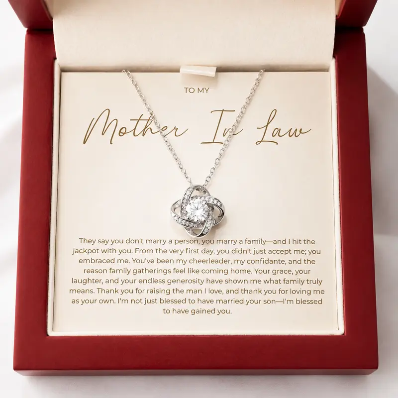 Mother-in-Law Necklace from Daughter-in-Law, 4-Leaf Clover Pendant with Cubic Zirconia, Message Card & LED Wooden Gift Box, Stainless Steel Necklace with Adjustable Chain, Wedding Thank-You Gift, Mother's Day, Birthday & Christmas