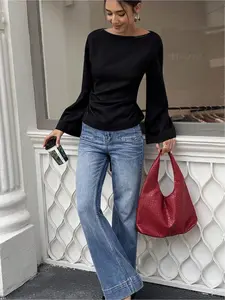 Casual Loose Fit Flare Sleeve Top with Tie Back Waist Design, Pure Color Women's Fashion Long Sleeve Shirt Blouse for Daily Wear, Womenswear