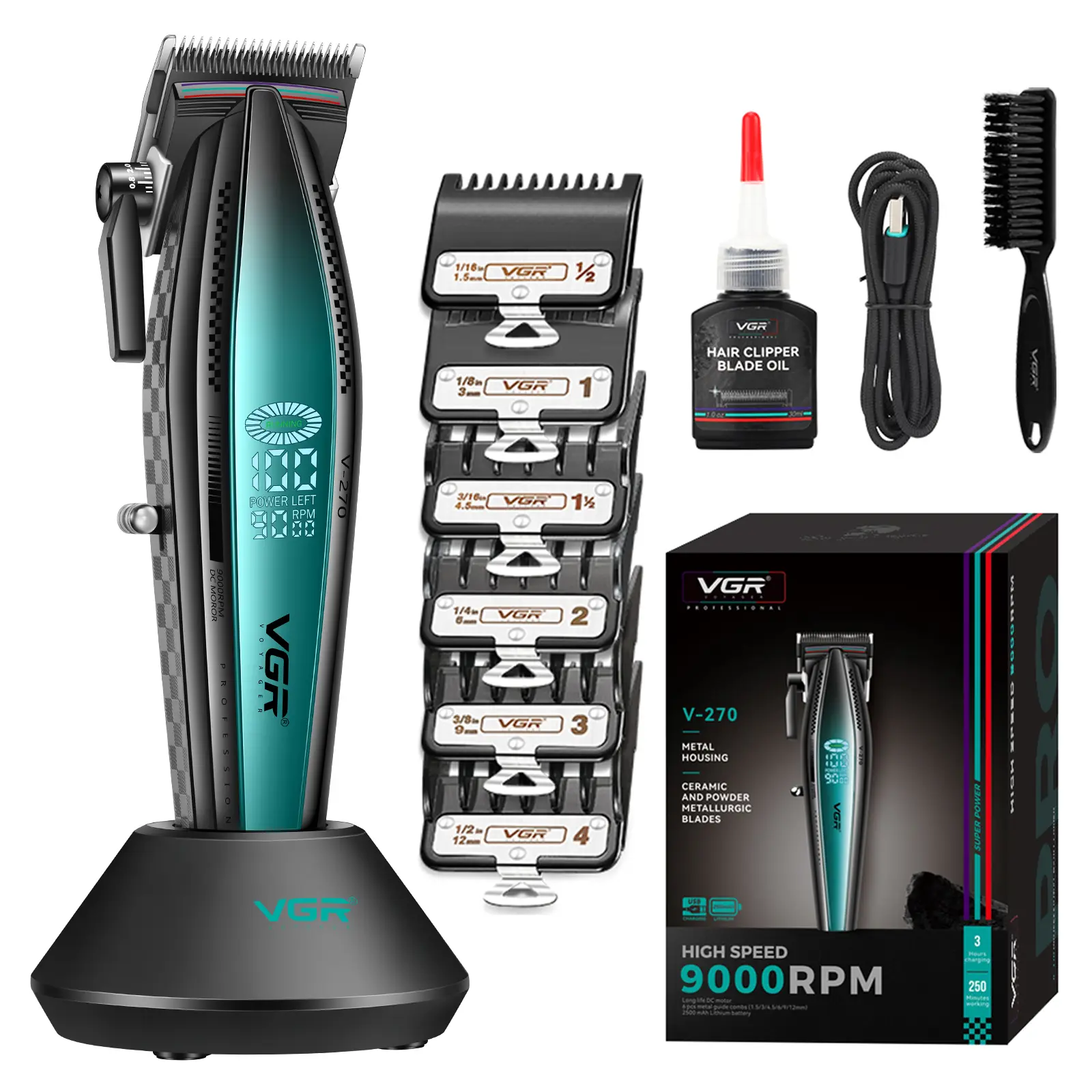 VGR 270 Hair Clippers For Men Professional, Low Noise Cordless High Speed 9000 RPM Fresh Fade Ceramic Blade Barber Clippers, Hair Cutting Kit With 6 Guide Combs, USB Charging Base, LED Display tiktokshopbacktoschool