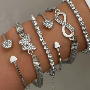 6 Pcs Silverly Rhinestone Bracelet Set for Women, Sparkly Butterfly Heart Infinity Symbol Stackable Tennis Chain Cuff Bangle, Fashion Layered Jewelry for Daily Party Gift
