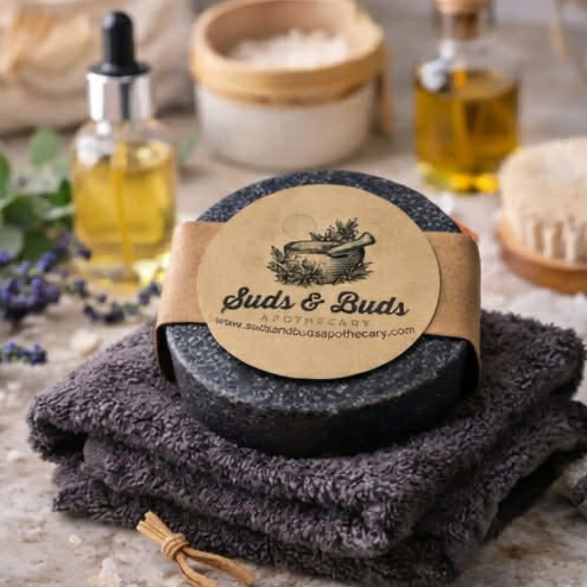 Suds & Buds Apothecary Pure Radiance Facial Bar - Activated Charcoal & Tea Tree Oil Daily Facial Wash, Gentle Antibacterial Cleanser for Oily Acne-Prone Skin, 2.5 oz, Restores Radiant Calming Complexion, Restore, Cleansing, Oily Skin, Facial Cleansing