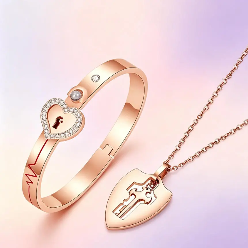Heart Lock Bracelet & Key Necklace Set, Titanium Steel Matching Couple Jewelry, Romantic Anniversary Valentine’s Day Gift for Boyfriend Girlfriend