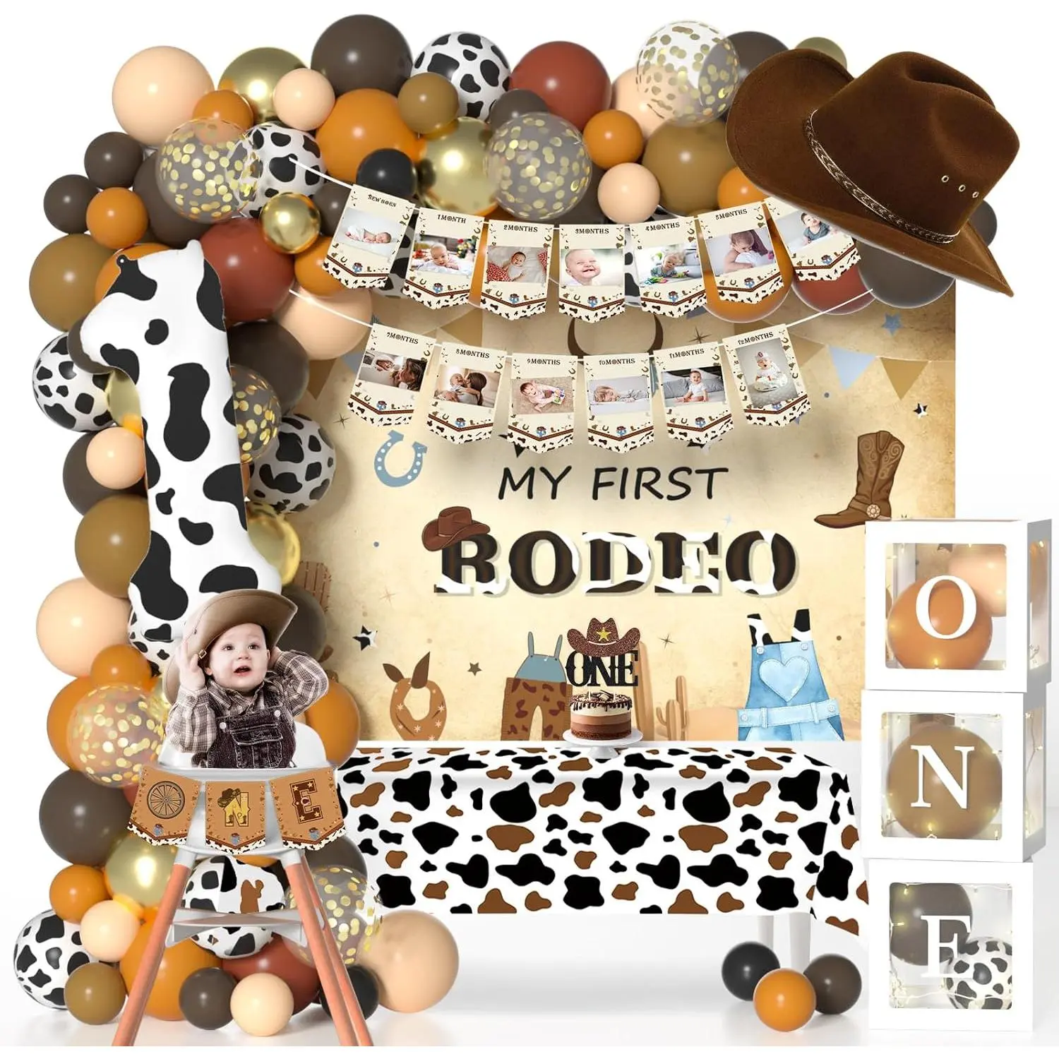 Male Toddler Western Cowboy 1st Birthday Party Supplies Kit with Decor, Light, Plastic Balloon Arch, Number 1 Balloons, Banner, Cake Toppers, Backdrop, Highchair Box, Tablecloth, My First Rodeo Gifts Set, First Birthday, Wild West