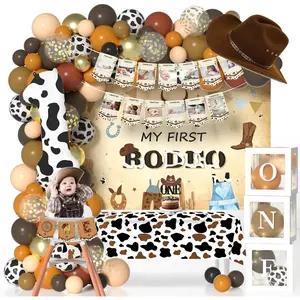 Western cowboy 1st birthday decorations with cowboy balloons arch number 1 balloons banner cake toppers backdrop highchair box tablecloth my first rodeo for boys 1 year old boy party supplies