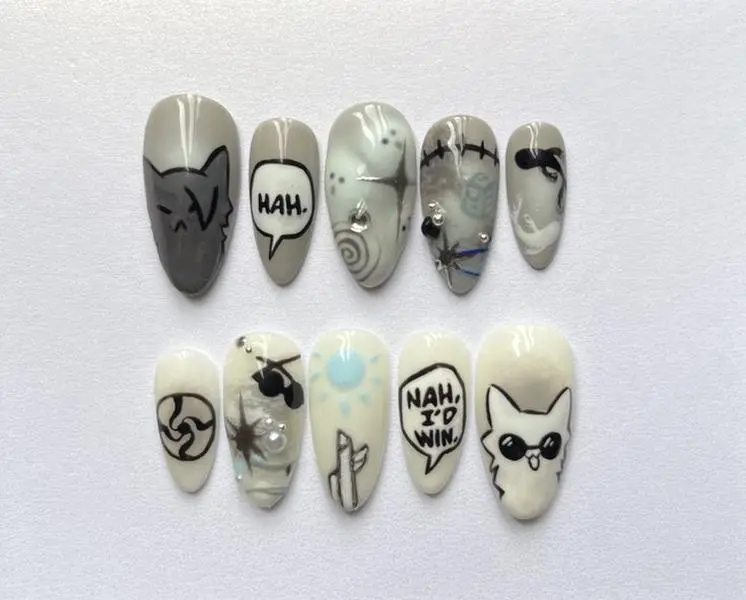 Anime Gojo Geto Cat Press On Nails, Gray White Hand Painted Fake Nails, Nah I’d Win Quote Streetwear Nail Art, Smoky Chrome Stiletto Reusable Nail Set | Gift Set (Adhesive Tabs, Nail File, Cuticle Stick)