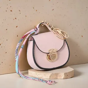 Mini Saddle Bag Keychain, PU Leather Coin Purse Charm with Silk Scarf, Tiny Zipper Pouch for AirPods/Lipstick, Cute Bag Accessory Gift for Women