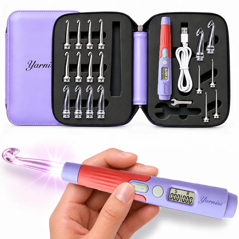 Yarniss Dual-Brightness LED Light Crocheting Kit, 18 Interchangeable 2.0mm-14.0mm Heads, Digital USB Charging, +/- Quick Adjust Tools, Stitch & Row Counter, Ergonomic Hook Supplies for Beginners