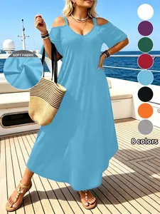 8 Color Options! Plus Size Women's Summer Casual Off-Shoulder Short Sleeve A-Line Maxi Dress, Loose Fit V-Neck, Beach Vacation Essential