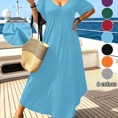 8 Color Options Plus Size Women's Summer Casual Chic Cold-Shoulder Short Sleeve A-Line Maxi Dress, Loose Fit V-Neck, Beach Vacation Essential, Casual Dresses