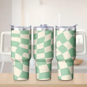 Double Wall Insulated Tumbler Mint Green And Cream Checkerboard Pattern With Handle Outdoor Adventure Drinkware For Nature Lovers Hiking Camping Picnic