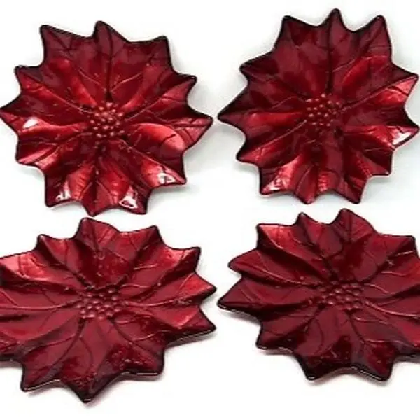 Red Poinsettia Glass Dinner Plates - Set of 4, Perfect for Festive Celebrations
