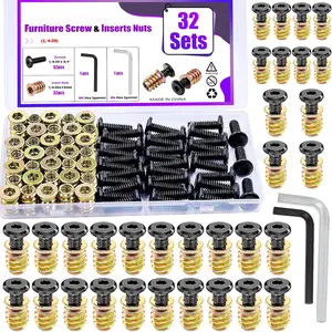 32 Sets Furniture Screw Nut 1/4-20 x 3/4" Threaded Inserts for  1/4-20 x 19/32" Nut Threaded  Inserts Bolt Fastener Connector with Hex Spanner