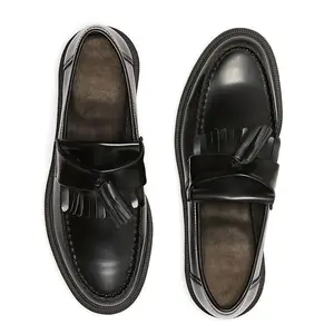 Classic Black Tassel Penny Loafers for Couples - Comfortable Business Casual Shoes with Cork Insole, Durable PU Cover & Chunky Heel Design, Rounded Toe, All-Season Wear, Comfortable Footwear | Tassel Detail | Durable Construction, Dressy Shoes