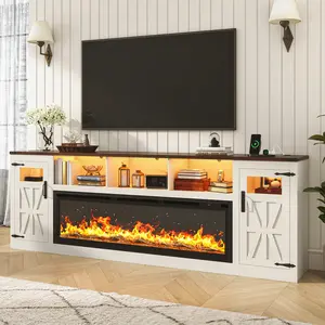95" Farmhouse Fireplace TV Stand for 90/100"TV with 60'' Electric Fireplace, LED Large Entertainment Center with Lights & Power Outlets & 2 Barn Doors Storage Cabinet for Living Room, Brown