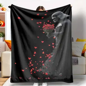 Dark Warrior with Red Roses and Heart Elements Flannel Blanket Romantic Galaxy Love Print Soft Warm Cozy Durable Perfect for Bedroom Living Room Sofa Valentine Gift Anniversary Home Decor Couple Use tiktokshopspringglowup