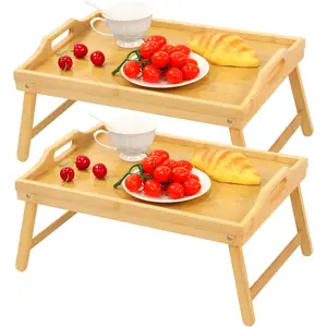 2 Pack Bamboo Bed Tray Table with Folding Legs and Handles, Breakfast Tray Laptop Desk for Bed Sofa, Serving Tray for Eating Working Reading Picnic